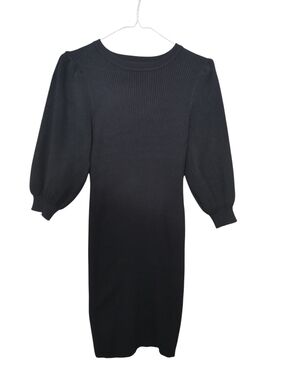 Black Puff-Sleeve Ribbed Midi Dress